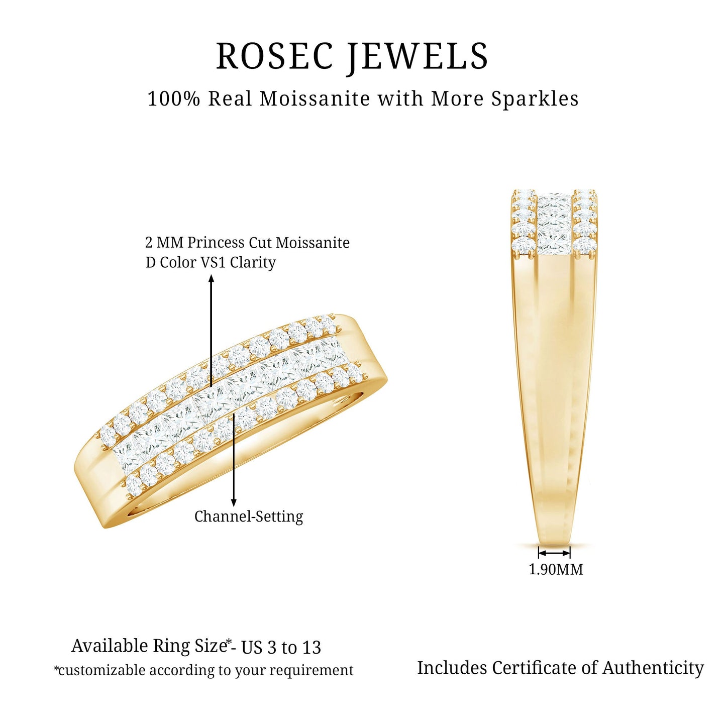 Certified Moissanite 3 Row Wedding Band for Men