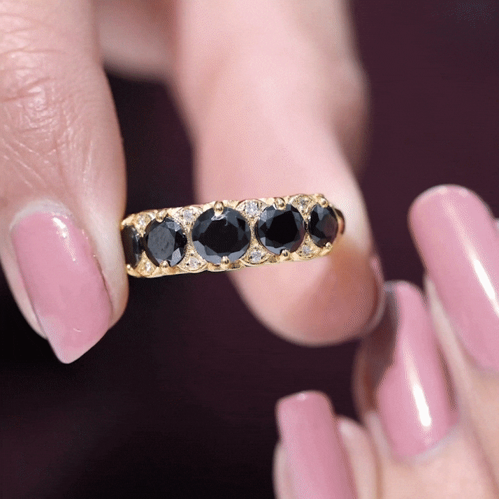 Vintage Inspired Black Onyx 5 Stone Anniversary Ring with Certificate