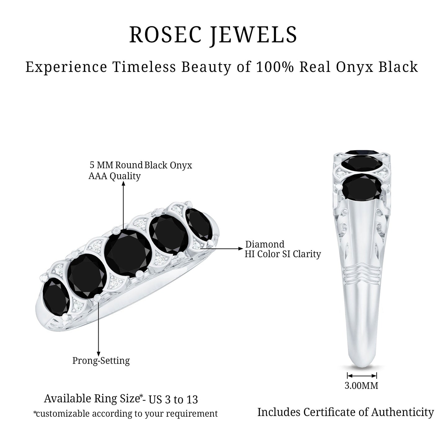 Vintage Inspired Black Onyx 5 Stone Anniversary Ring with Certificate