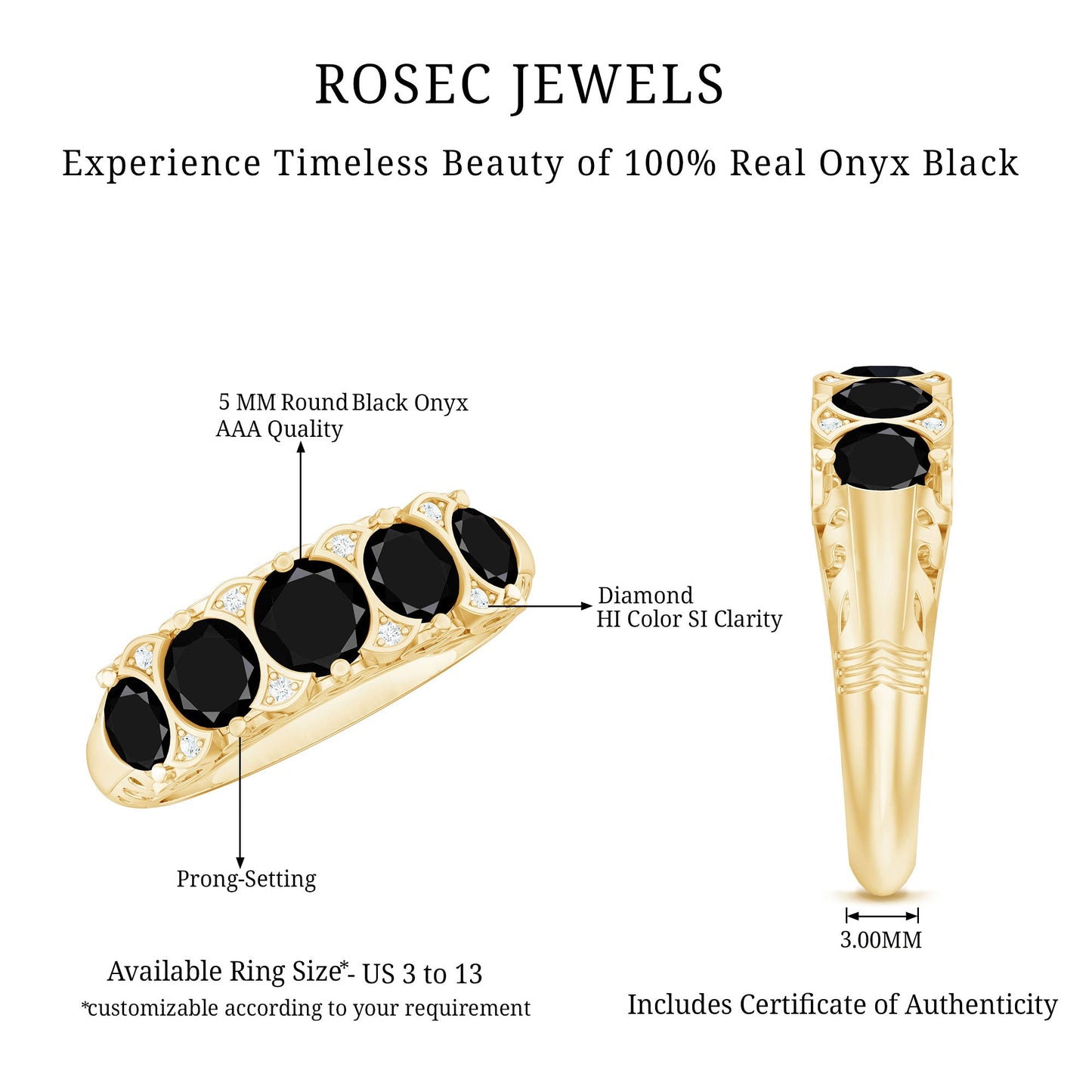 Vintage Inspired Black Onyx 5 Stone Anniversary Ring with Certificate