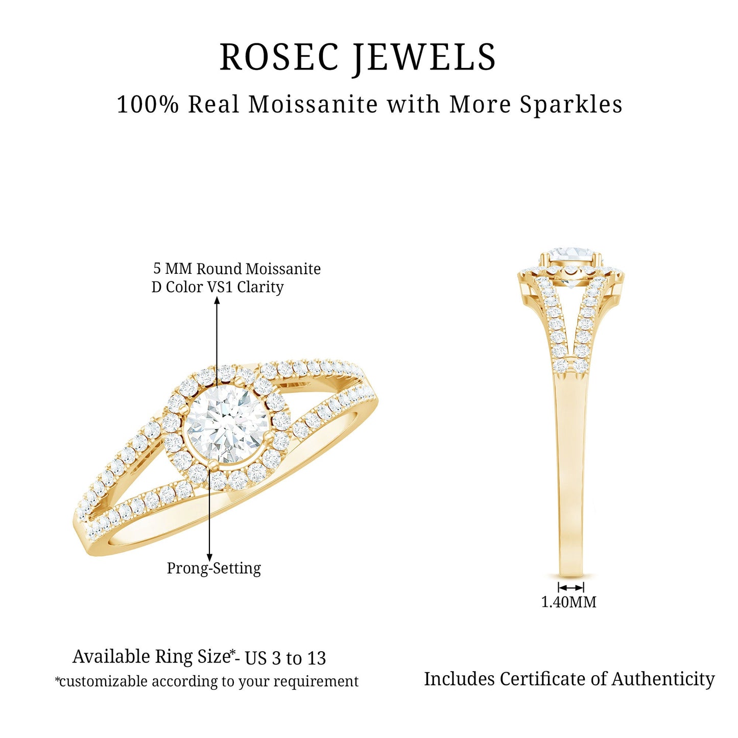 Womens Moissanite Halo Engagement Ring with Split Shank