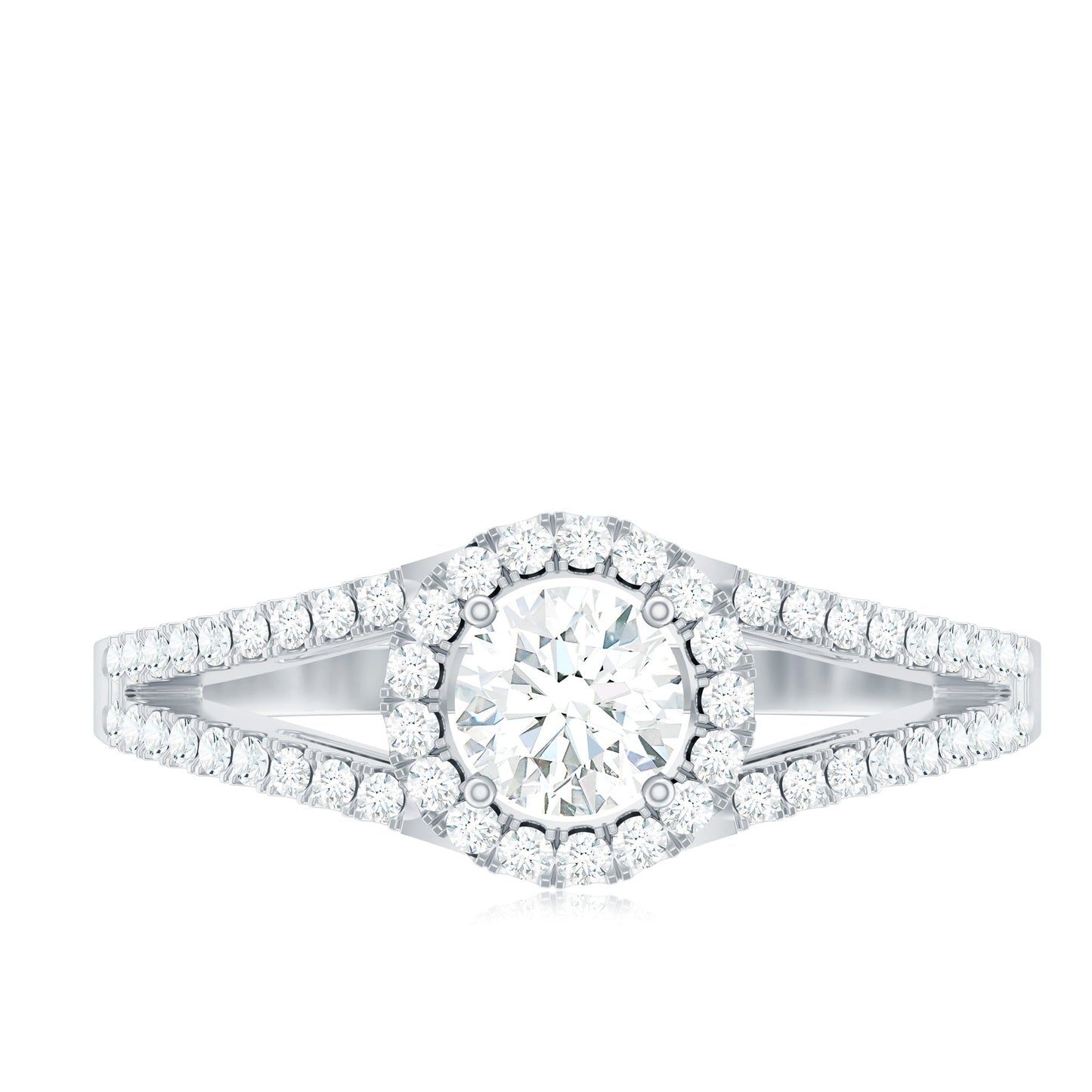 Womens Moissanite Halo Engagement Ring with Split Shank