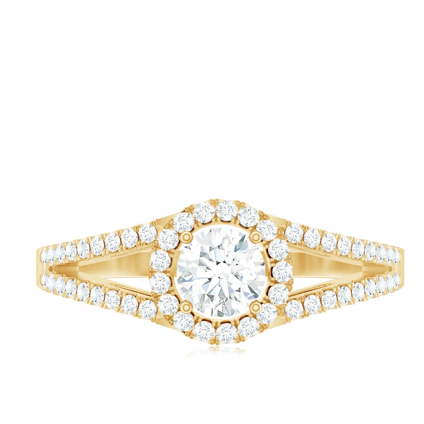 Womens Moissanite Halo Engagement Ring with Split Shank