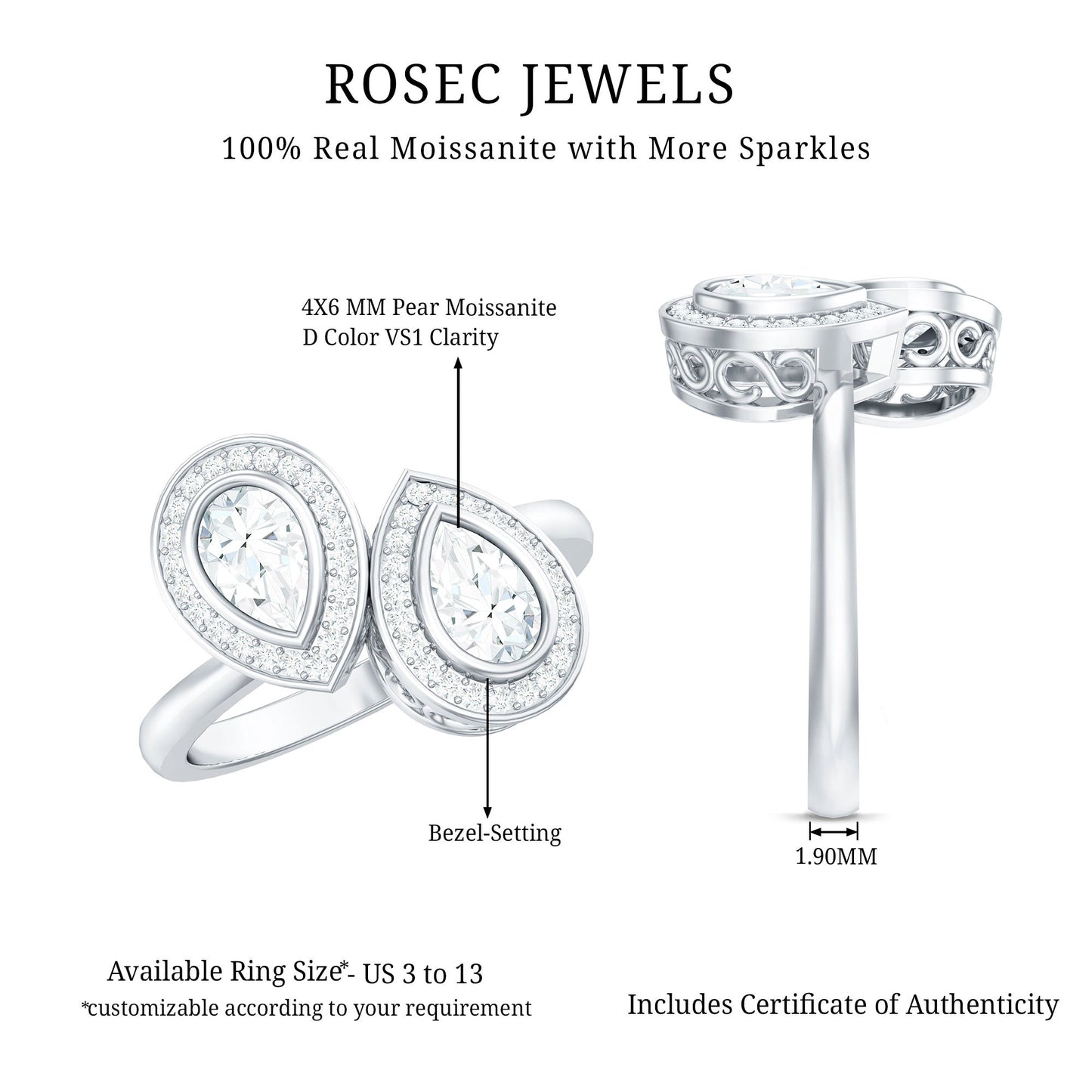 Pear Cut Moissanite Two Stone Engagement Ring with Halo