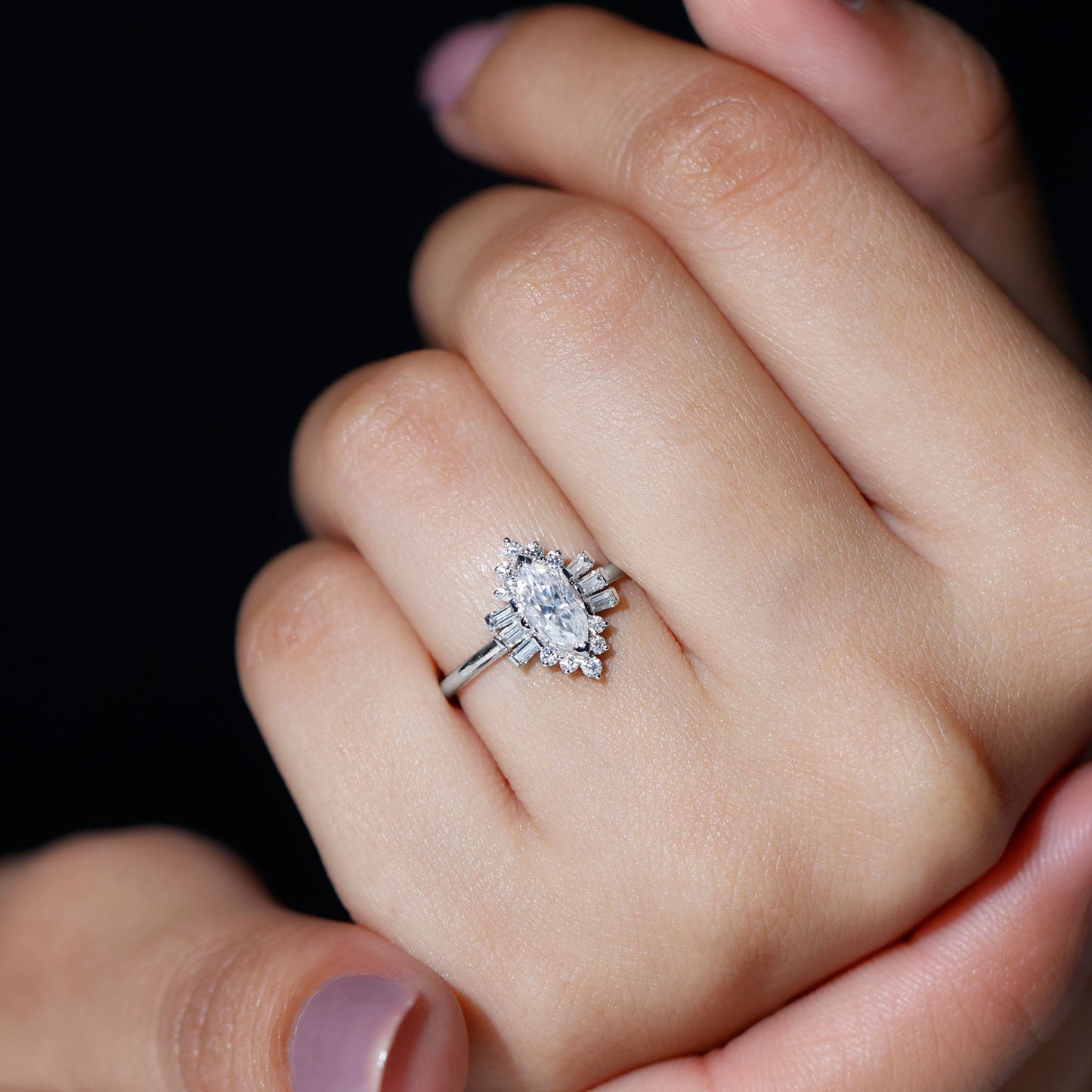 Marquise Cut Moissanite Antique Style Engagement Ring with Halo