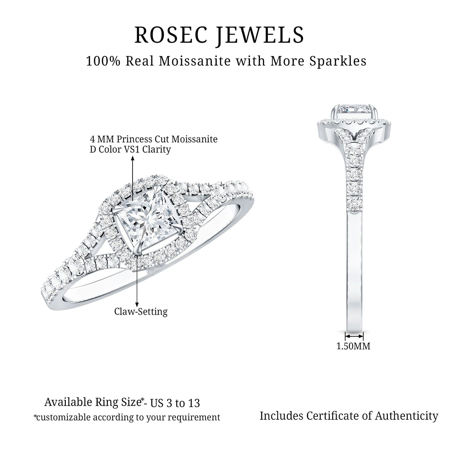 Princess Cut Moissanite Halo Engagement Ring with Split Shank