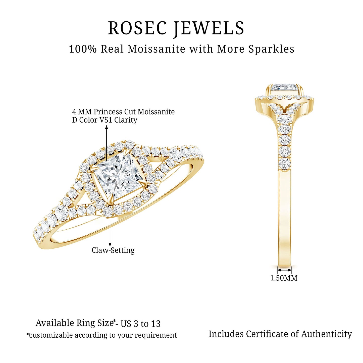 Princess Cut Moissanite Halo Engagement Ring with Split Shank