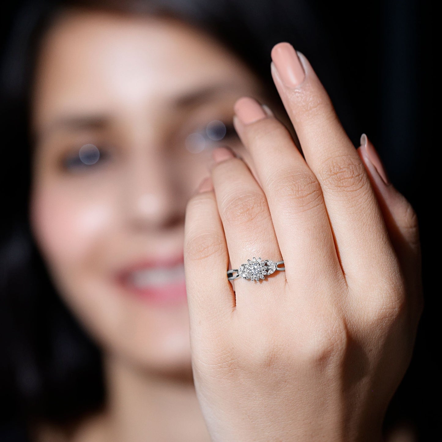 Certified Moissanite Flower Engagement Ring with Split Shank