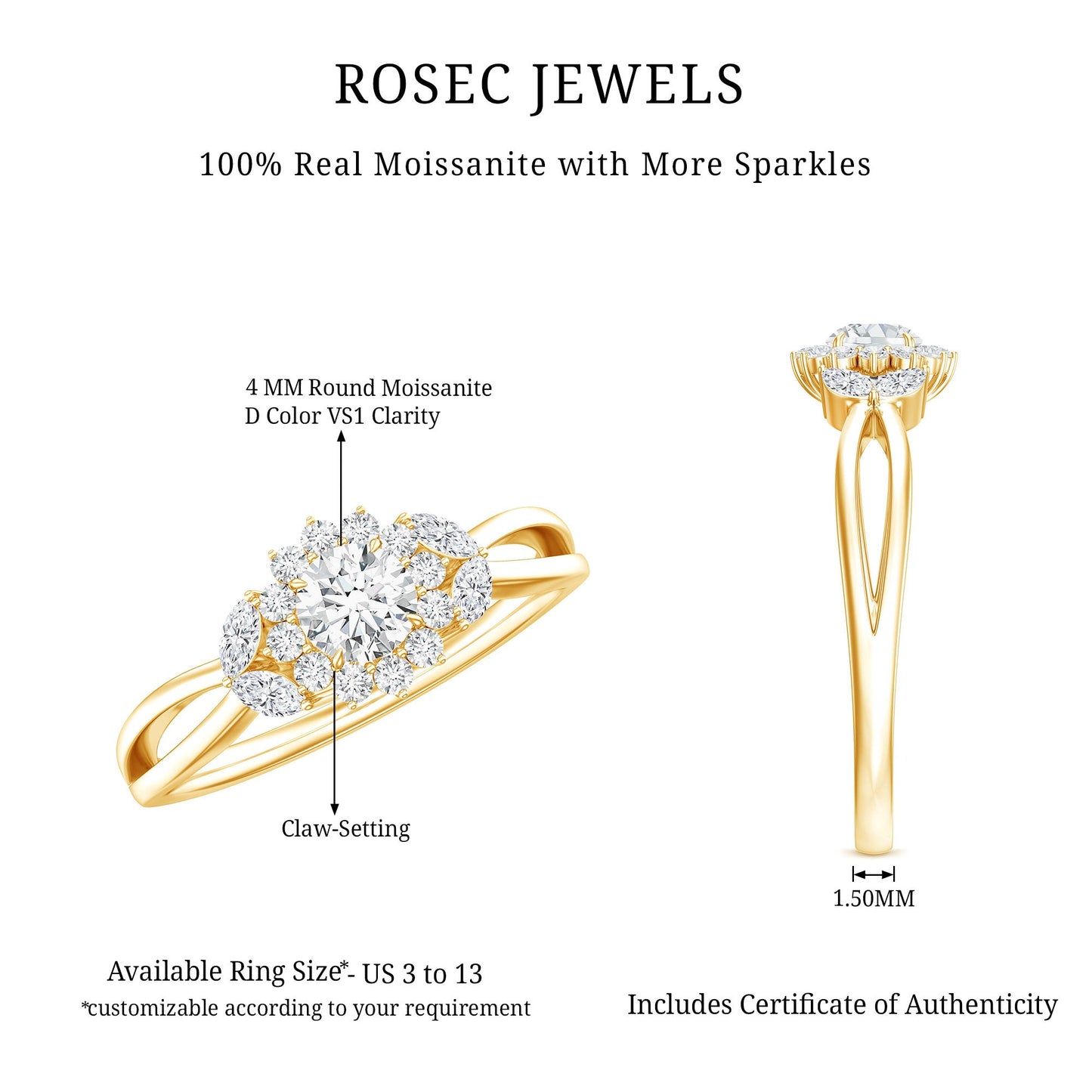 Certified Moissanite Flower Engagement Ring with Split Shank