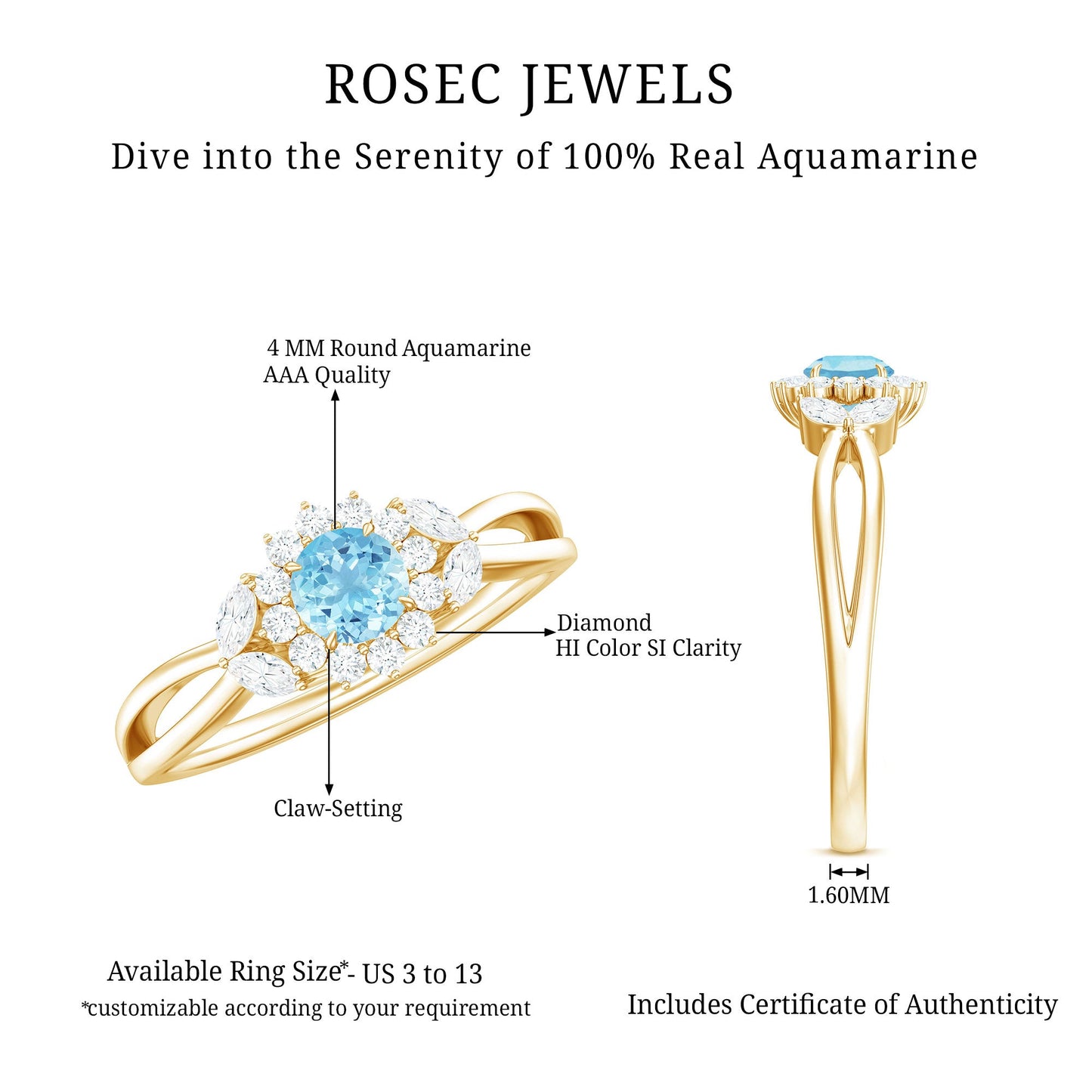 Natural Aquamarine Flower Promise Ring with Diamond