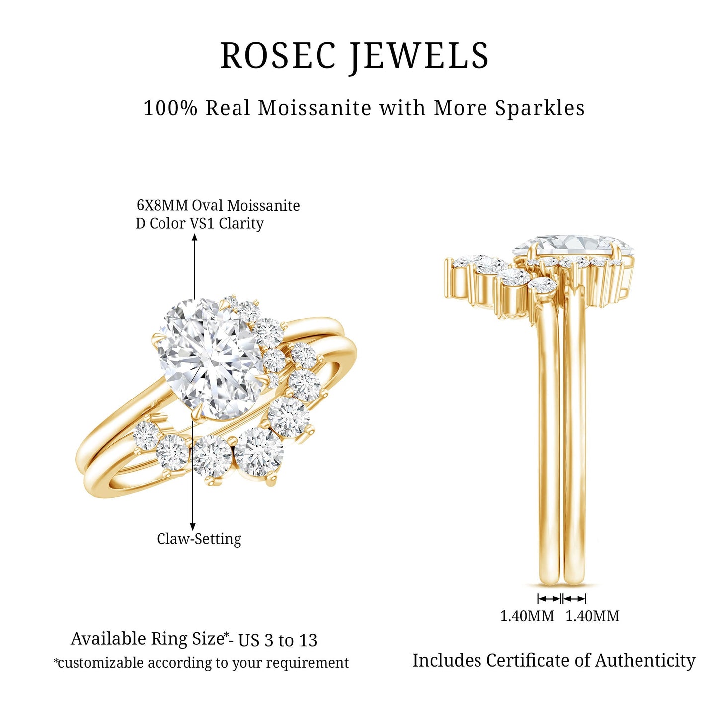 Designer 1.2 Carat Oval Cut Moissanite Wedding Ring Set With Certificate