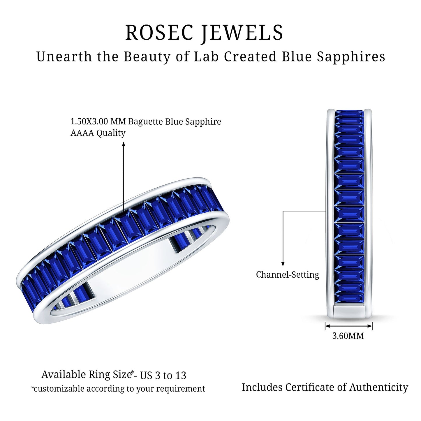 Certified Lab Grown Blue Sapphire Baguette Eternity Band Ring for Women