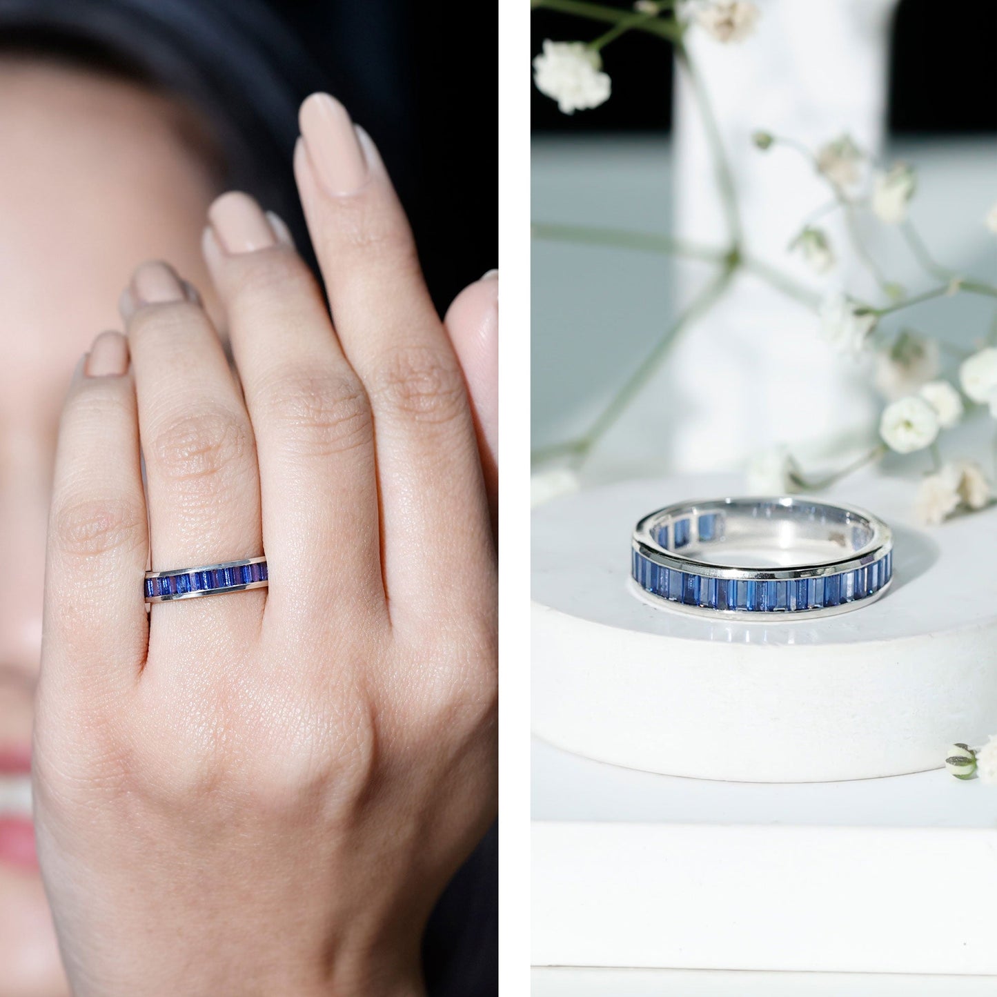 Certified Lab Grown Blue Sapphire Baguette Eternity Band Ring for Women