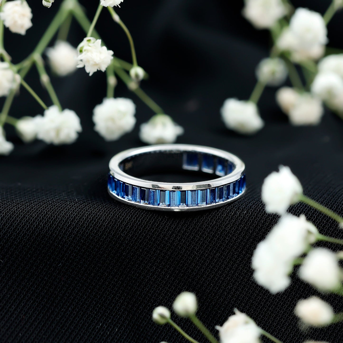 Certified Lab Grown Blue Sapphire Baguette Eternity Band Ring for Women