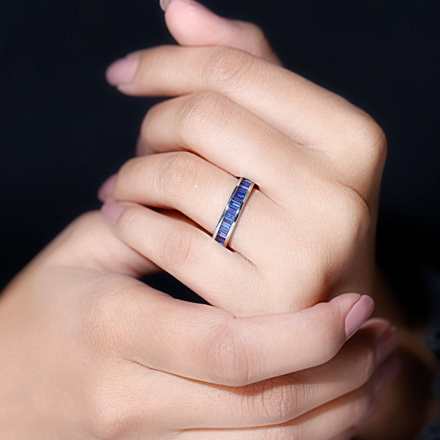 Certified Lab Grown Blue Sapphire Baguette Eternity Band Ring for Women