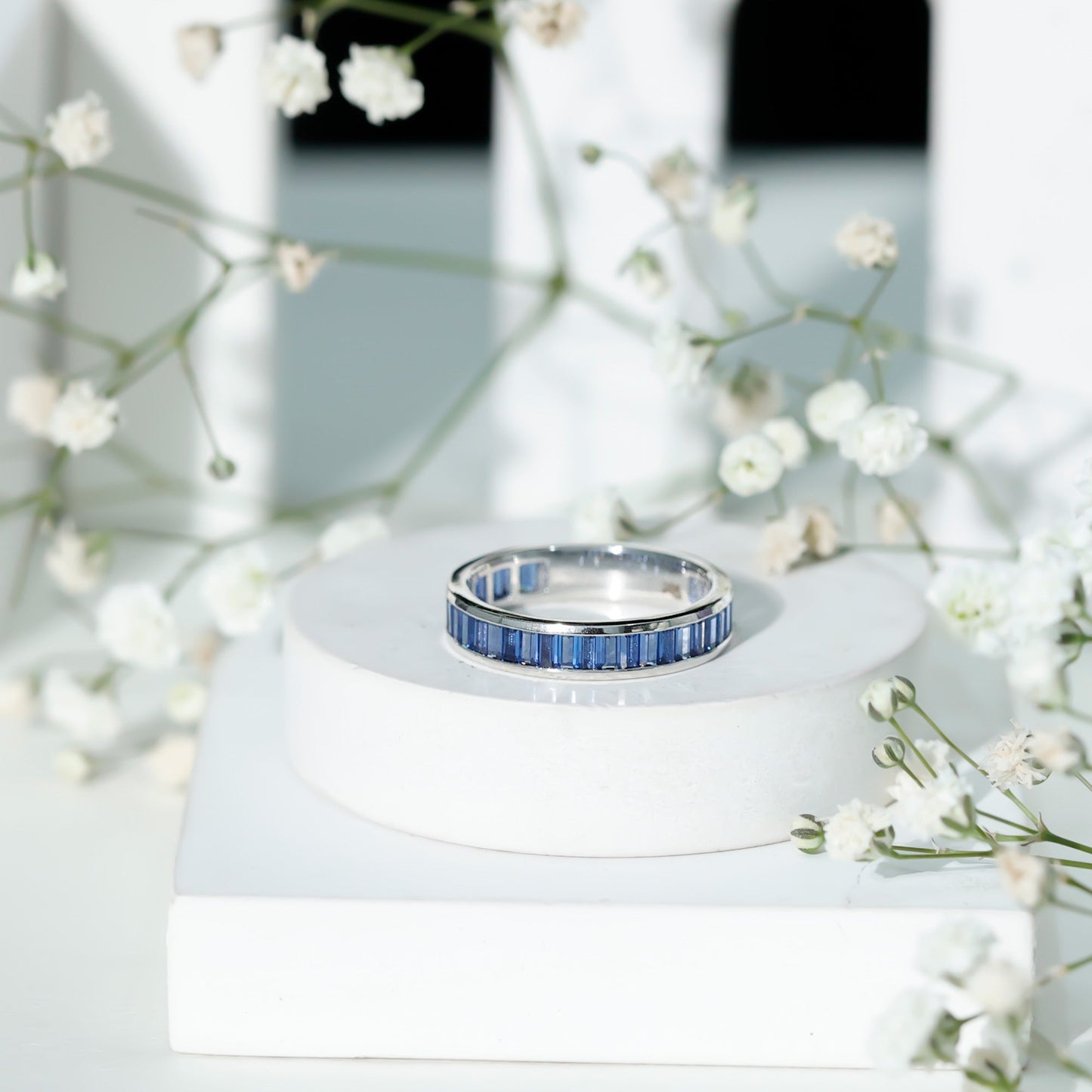 Certified Lab Grown Blue Sapphire Baguette Eternity Band Ring for Women