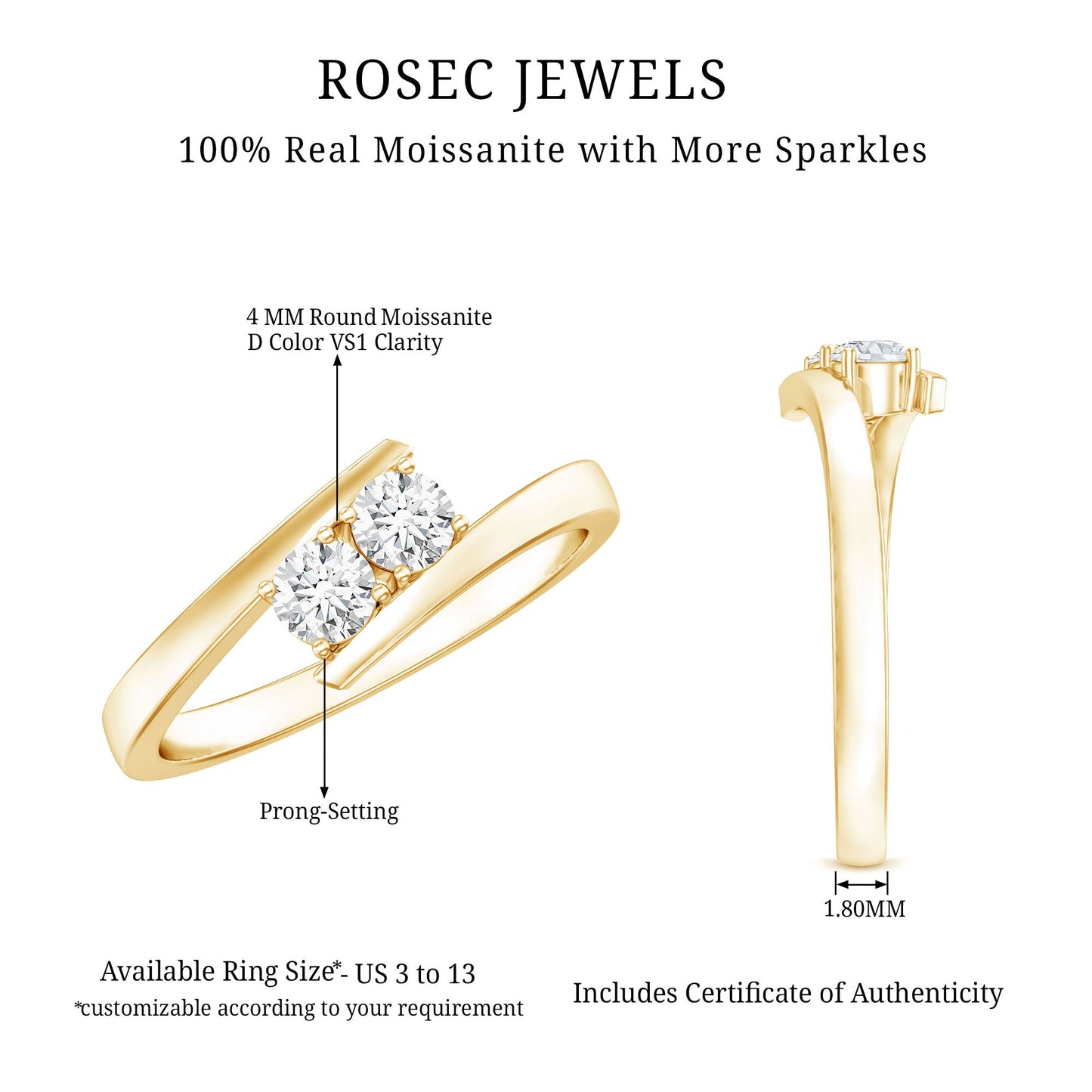 Certified Two Stone Moissanite Commitment Ring For Her