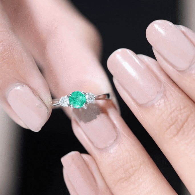 Round Shaped Real Emerald and Diamond Three Stone Promise Ring