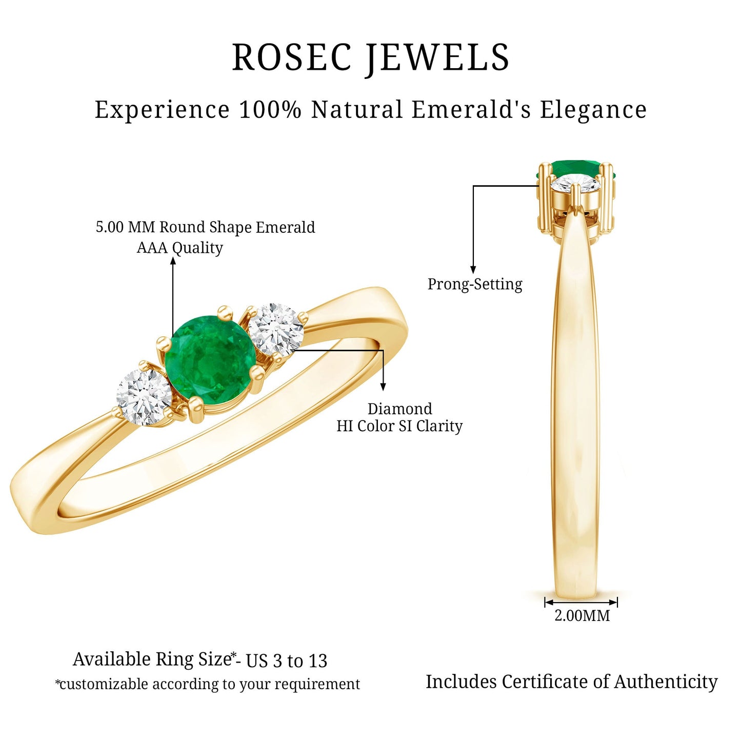 Round Shaped Real Emerald and Diamond Three Stone Promise Ring