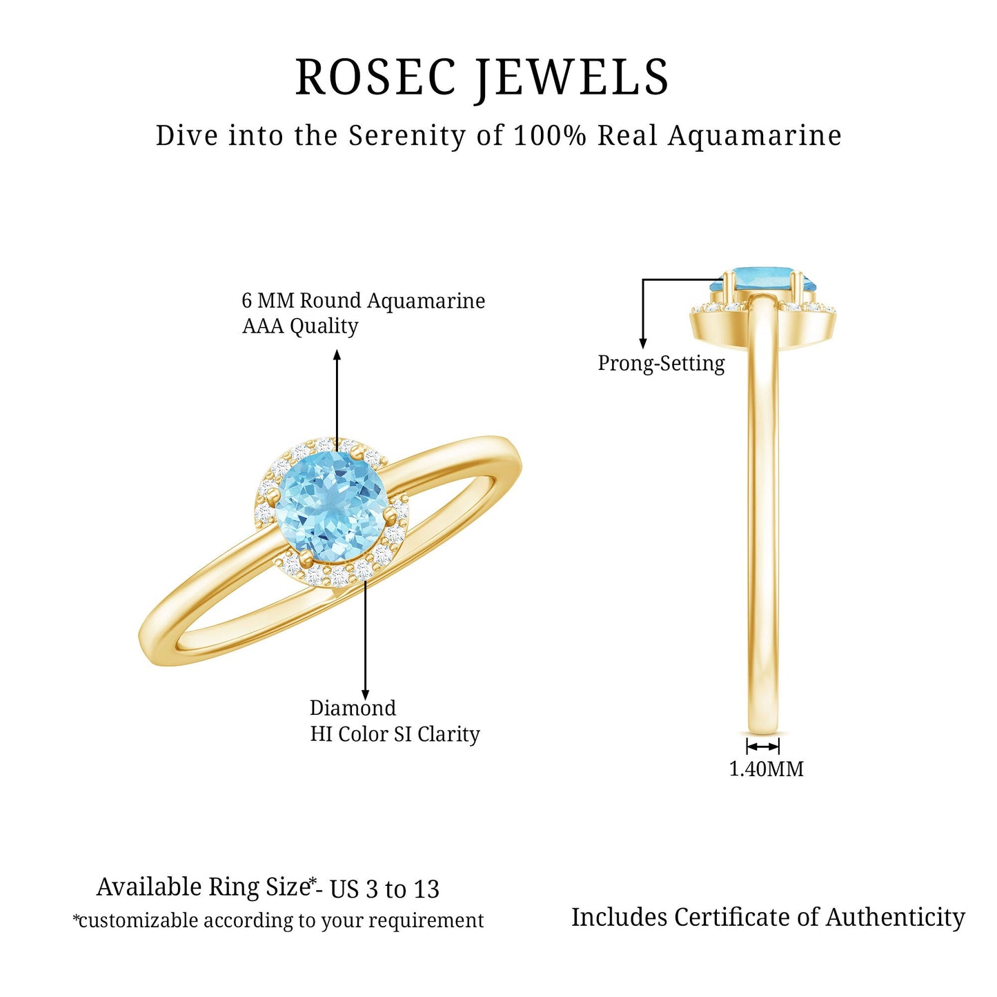 Certified Real Aquamarine Promise Ring with Diamond Halo