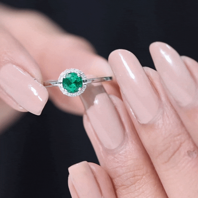 Certified 0.8 Carat Lab Grown Emerald Promise Ring with Diamond Halo