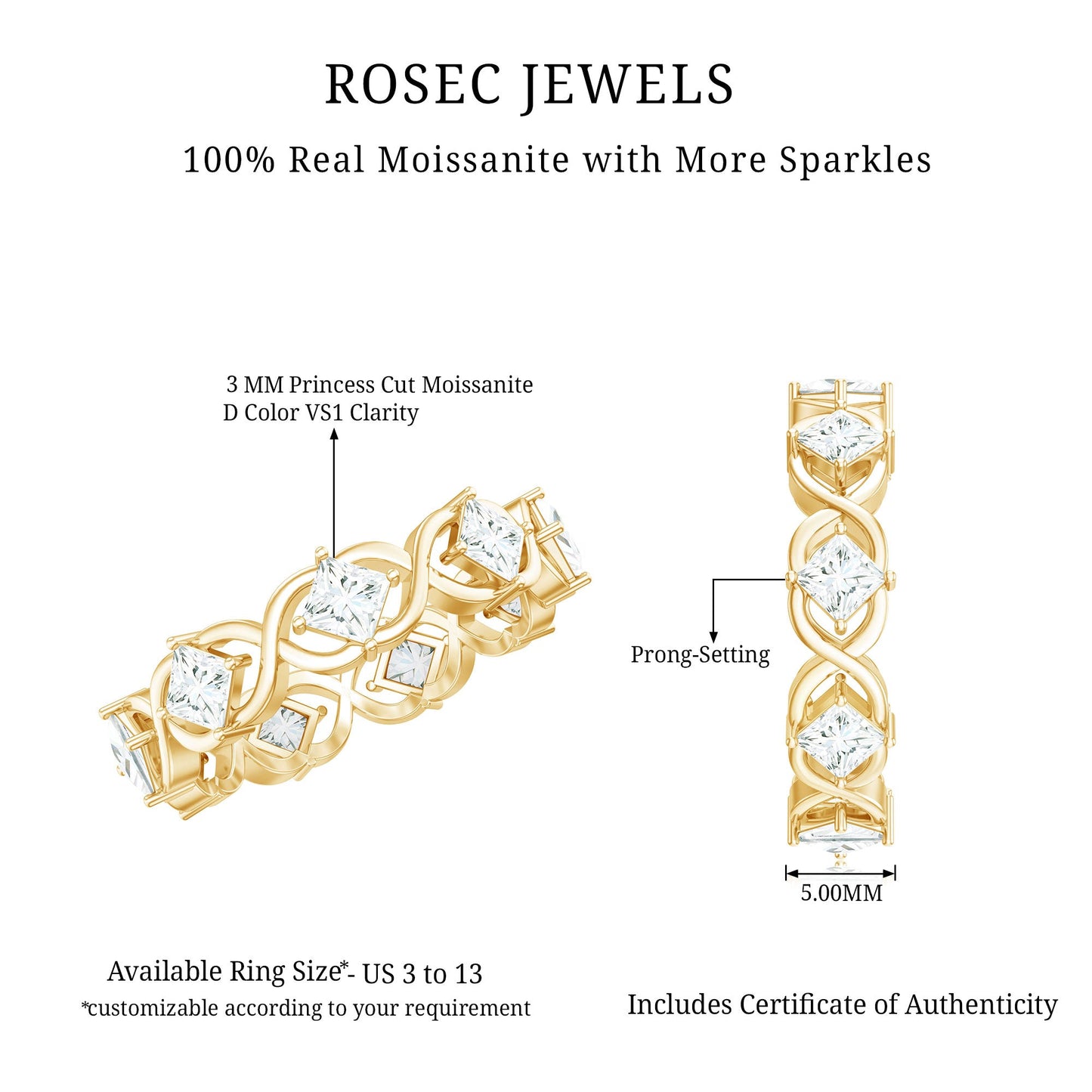 Certified Princess Cut Moissanite Wedding Band Ring