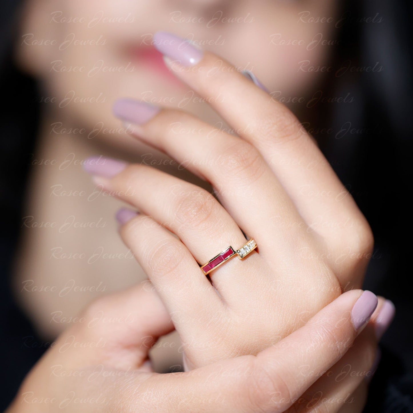 Natural Baguette Ruby Diamond Band Ring for Anniversary