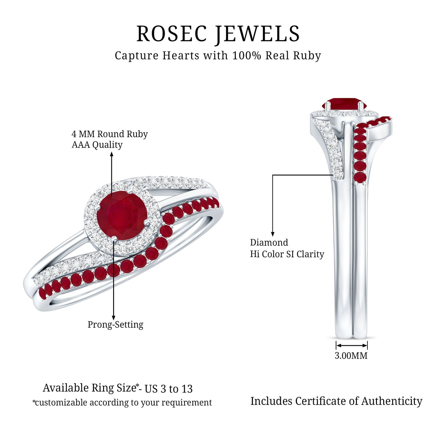 Natural Ruby Diamond Wedding Engagement Ring Set for Women