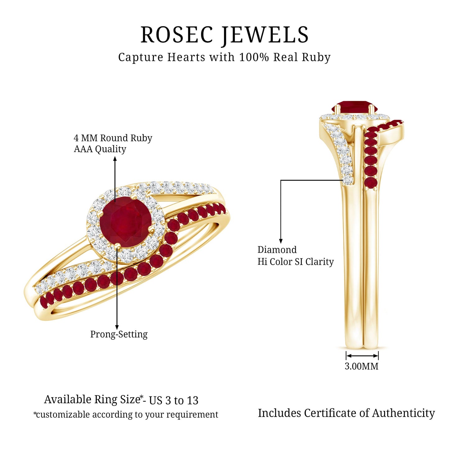Natural Ruby Diamond Wedding Engagement Ring Set for Women