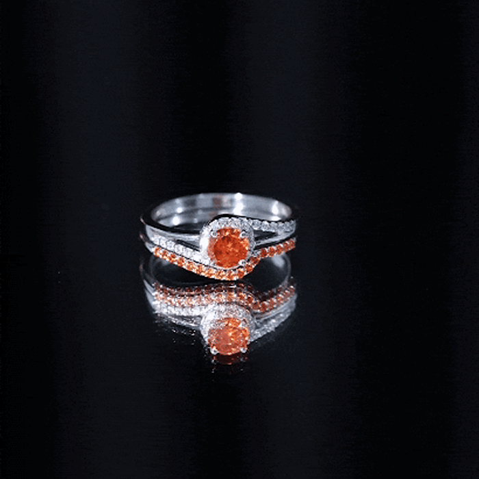 Certified Lab Grown Orange Sapphire Engagement Ring with Diamond Wedding Band