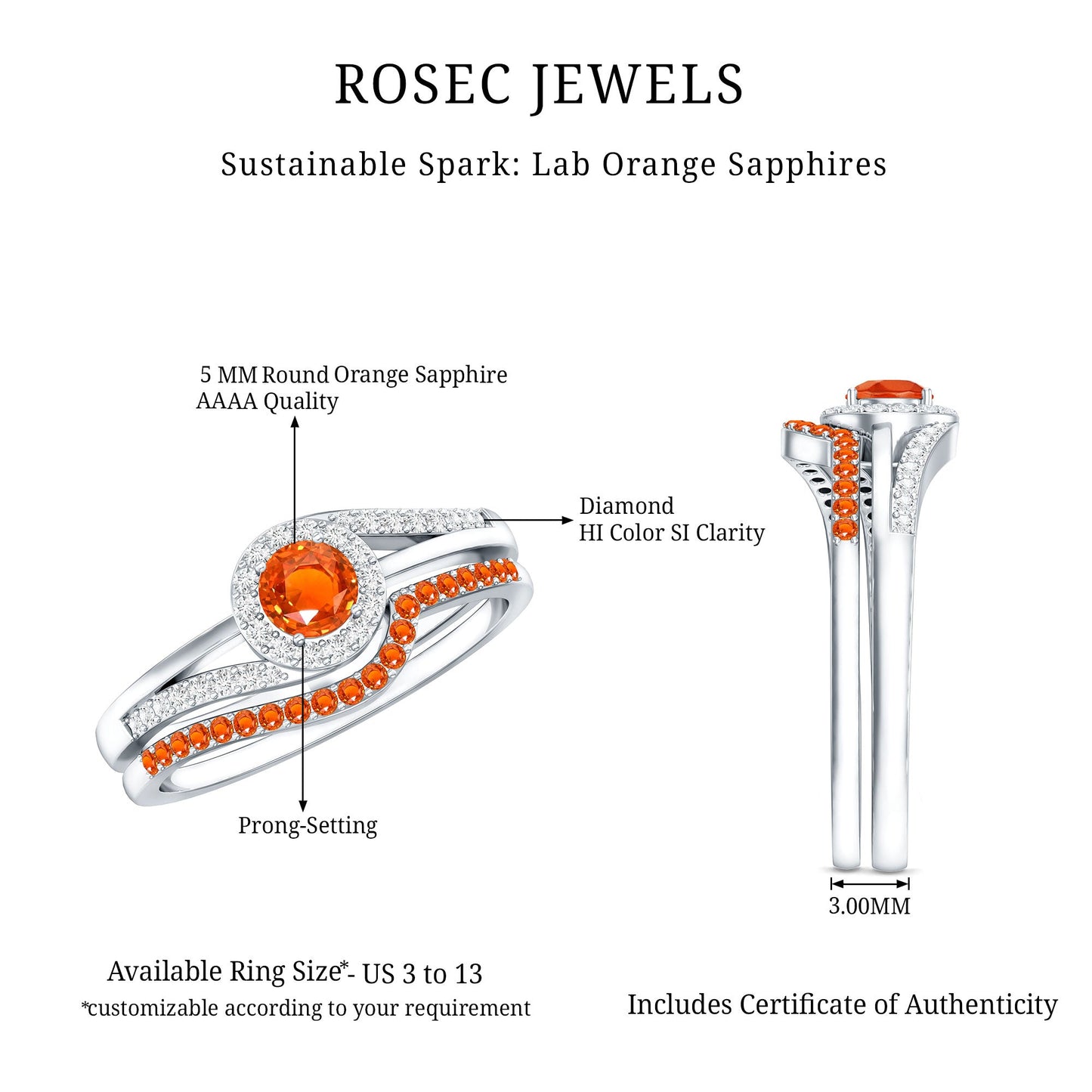 Certified Lab Grown Orange Sapphire Engagement Ring with Diamond Wedding Band