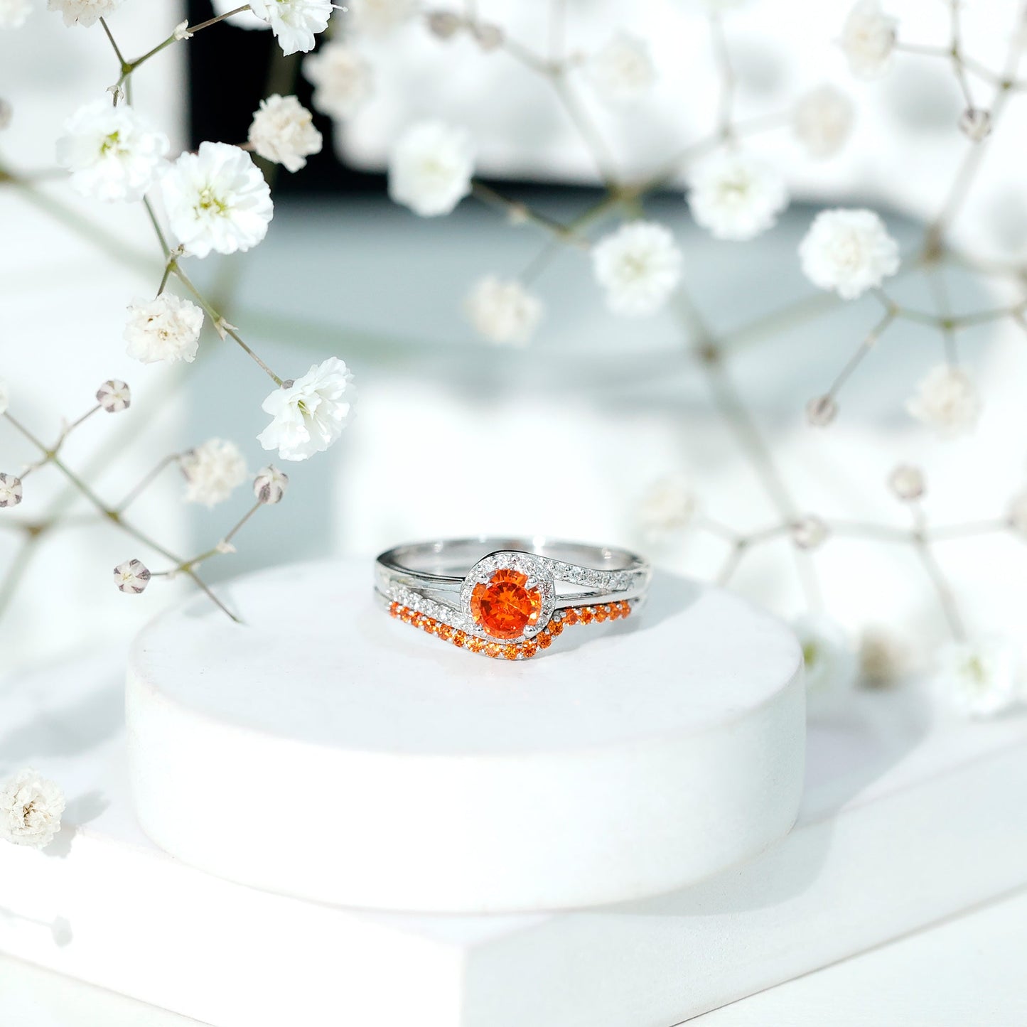Certified Lab Grown Orange Sapphire Engagement Ring with Diamond Wedding Band