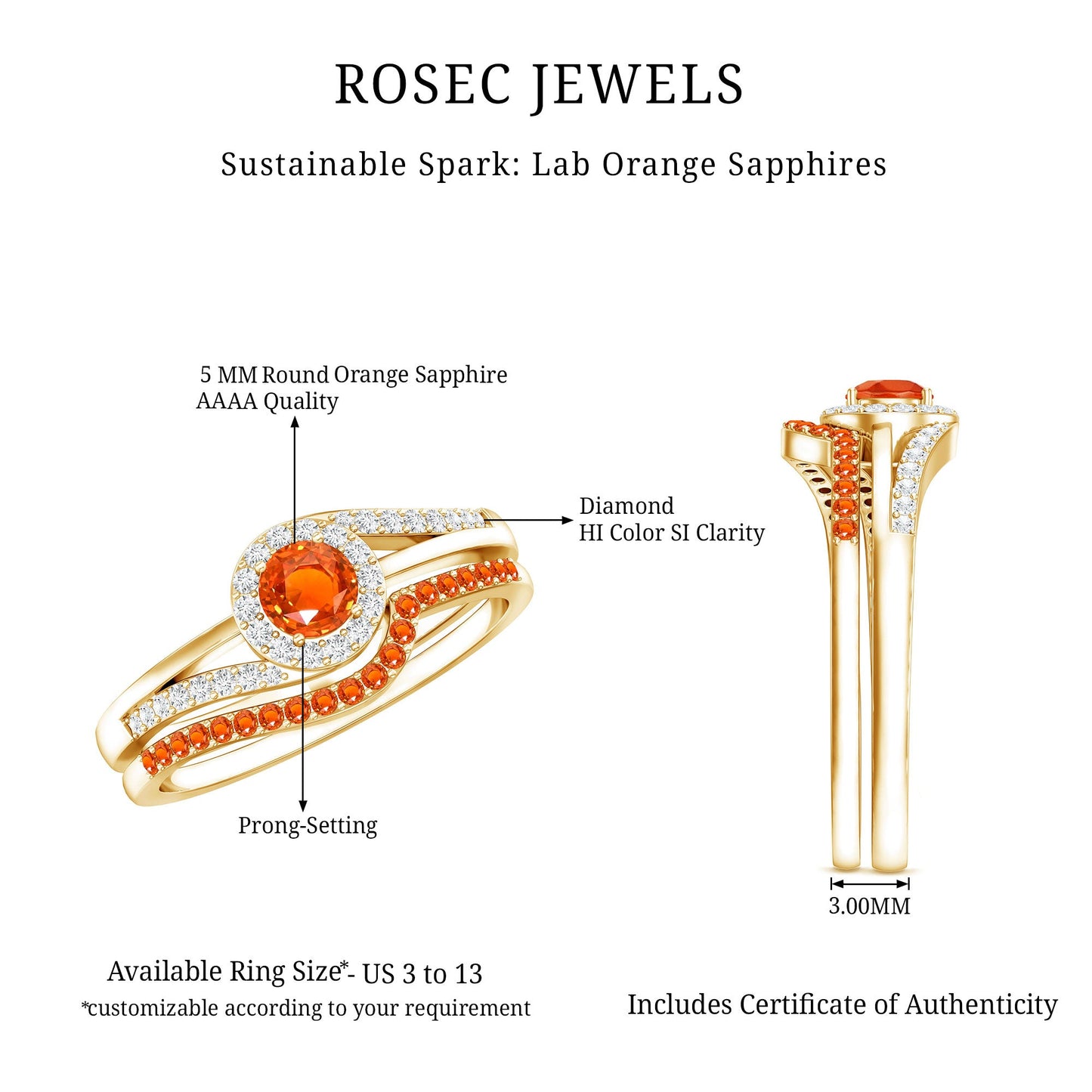Certified Lab Grown Orange Sapphire Engagement Ring with Diamond Wedding Band