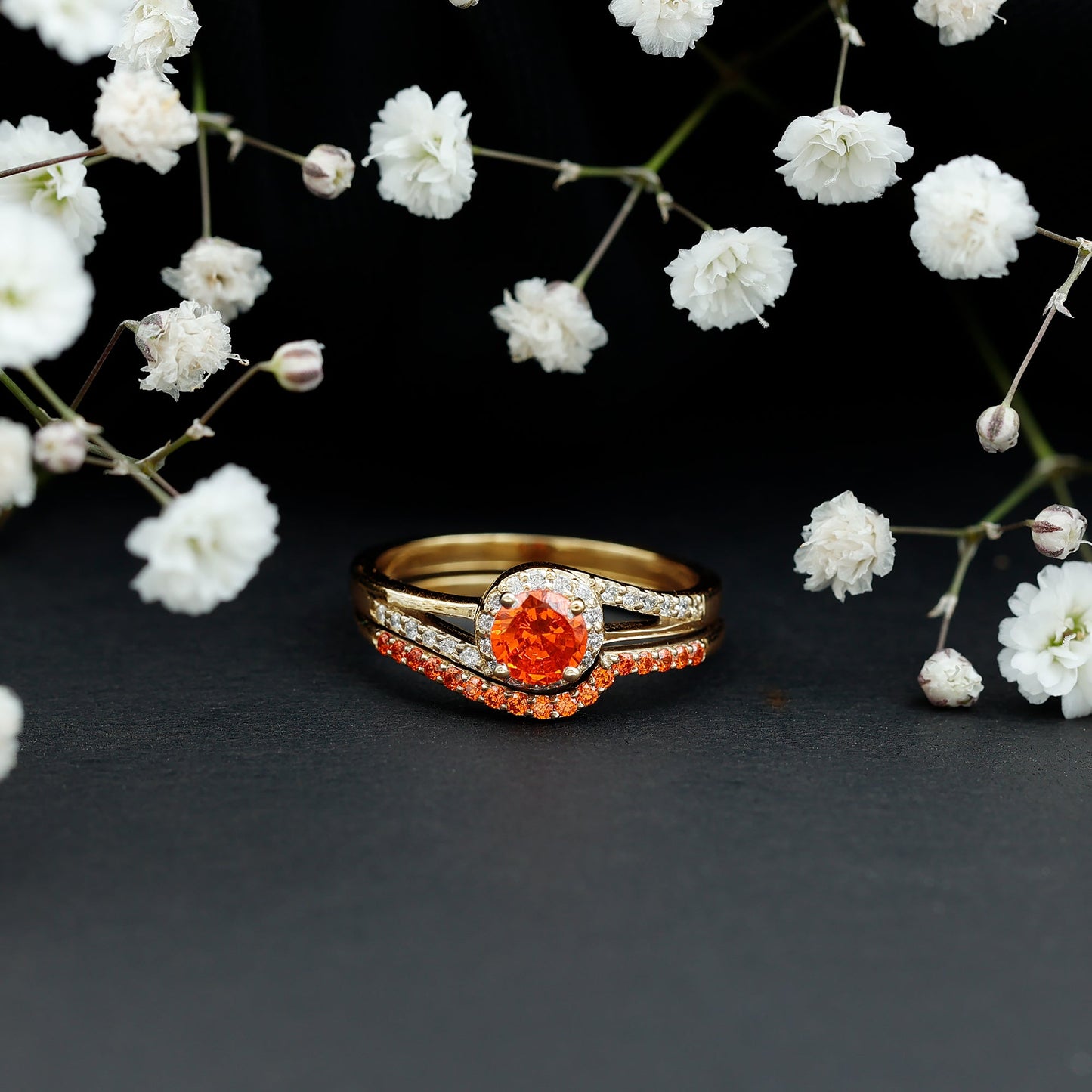 Certified Lab Grown Orange Sapphire Engagement Ring with Diamond Wedding Band