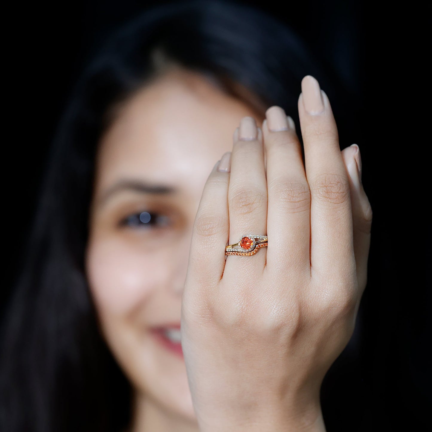 Certified Lab Grown Orange Sapphire Engagement Ring with Diamond Wedding Band