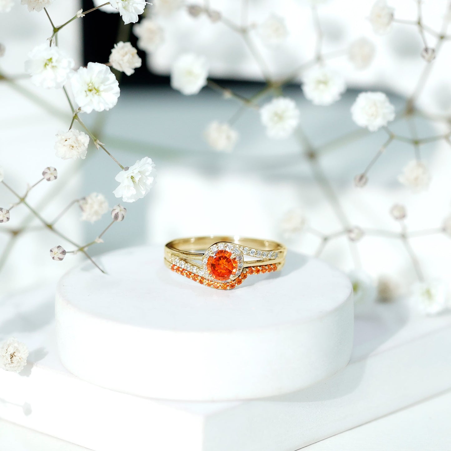 Certified Lab Grown Orange Sapphire Engagement Ring with Diamond Wedding Band