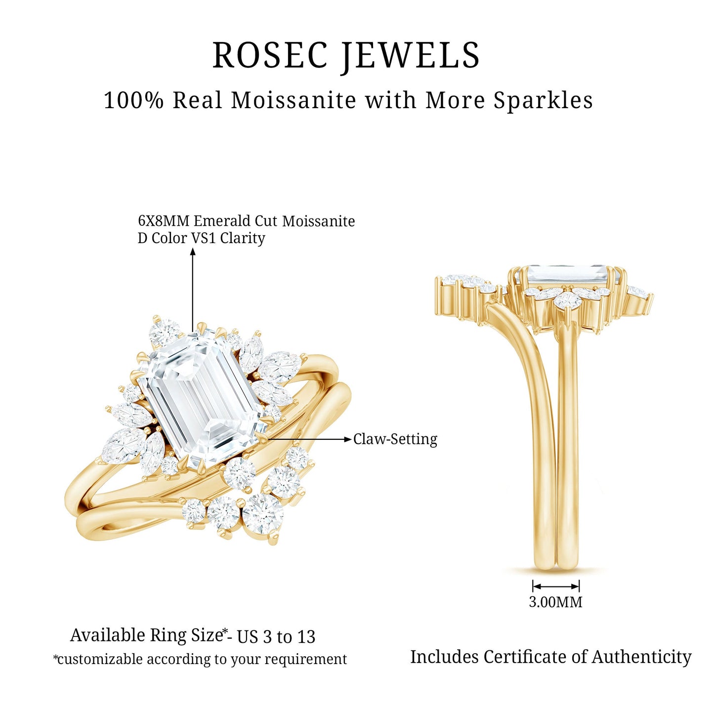 Designer Emerald Cut Moissanite Wedding Ring Set for Women