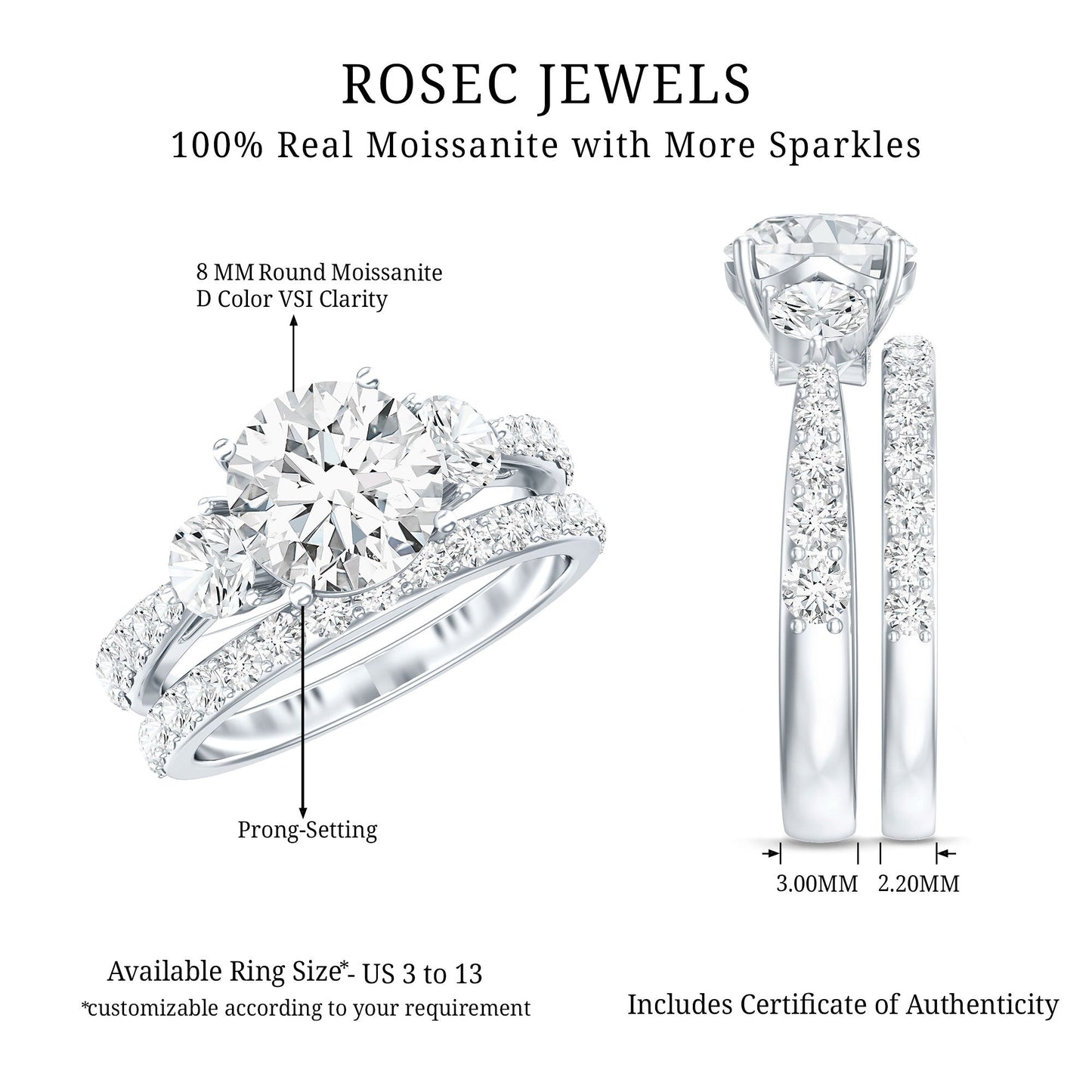 Certified Moissanite Classic Bridal Ring Set