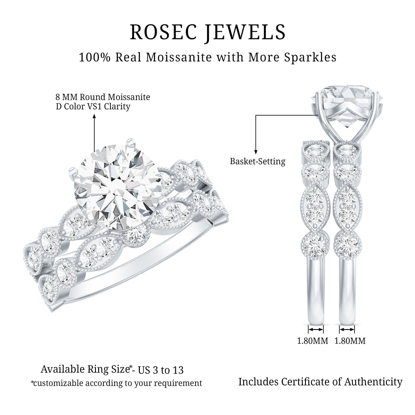 2 Carat Brilliant Cut Moissanite Bridal Ring Set