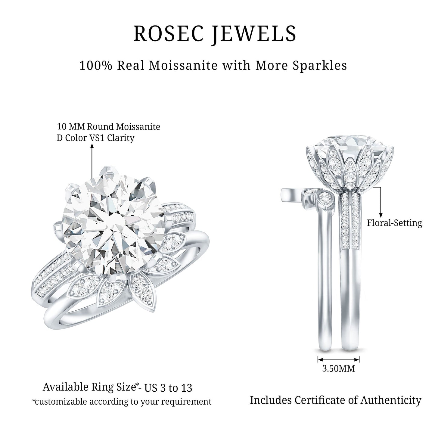 4.4 Carat Round Moissanite Flower Engagement Ring With Enhancer