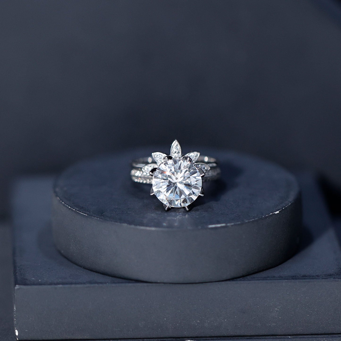 4.4 Carat Round Moissanite Flower Engagement Ring With Enhancer