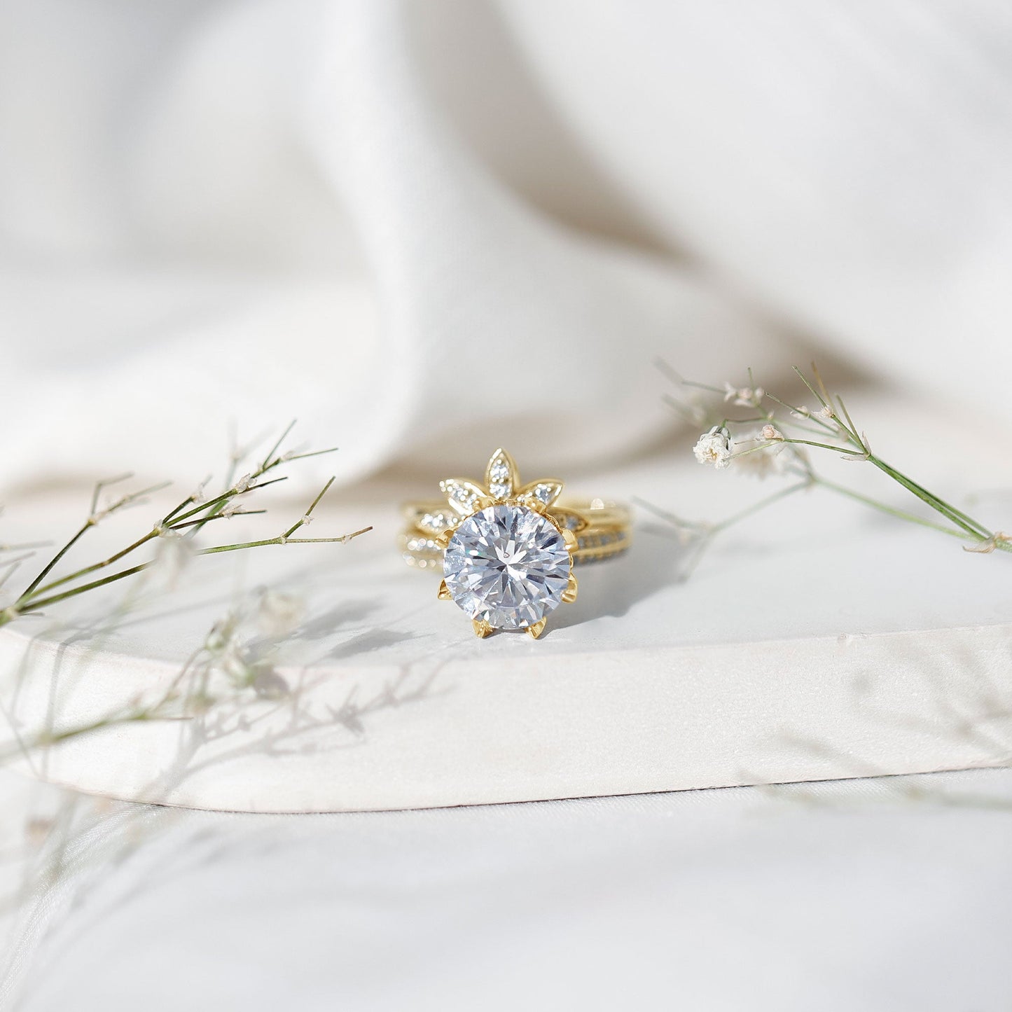 4.4 Carat Round Moissanite Flower Engagement Ring With Enhancer