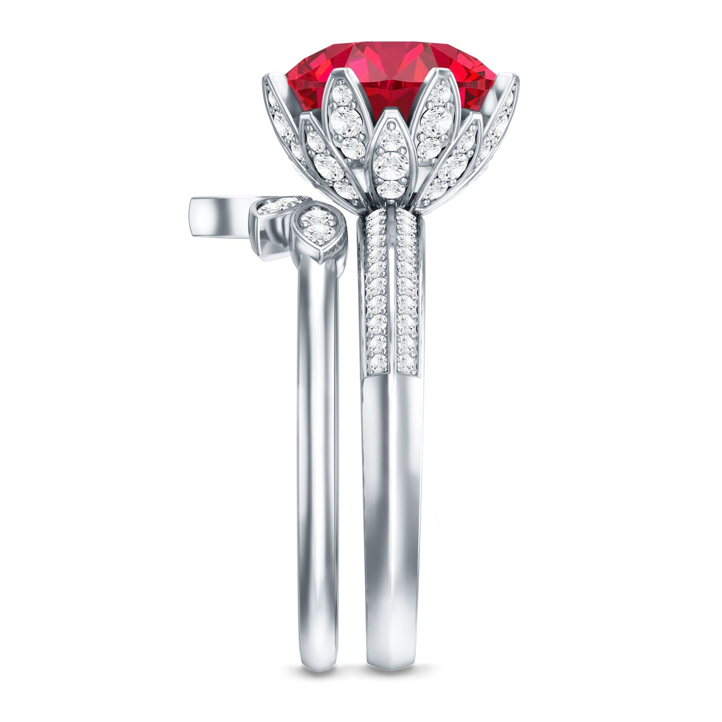 Lab Grown Ruby Flower Bridal Engagement Ring Set with Moissanite