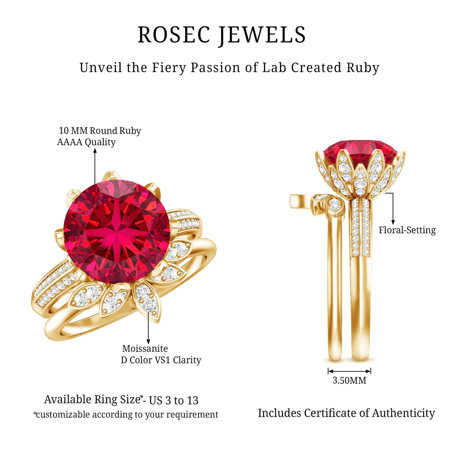 Lab Grown Ruby Flower Bridal Engagement Ring Set with Moissanite