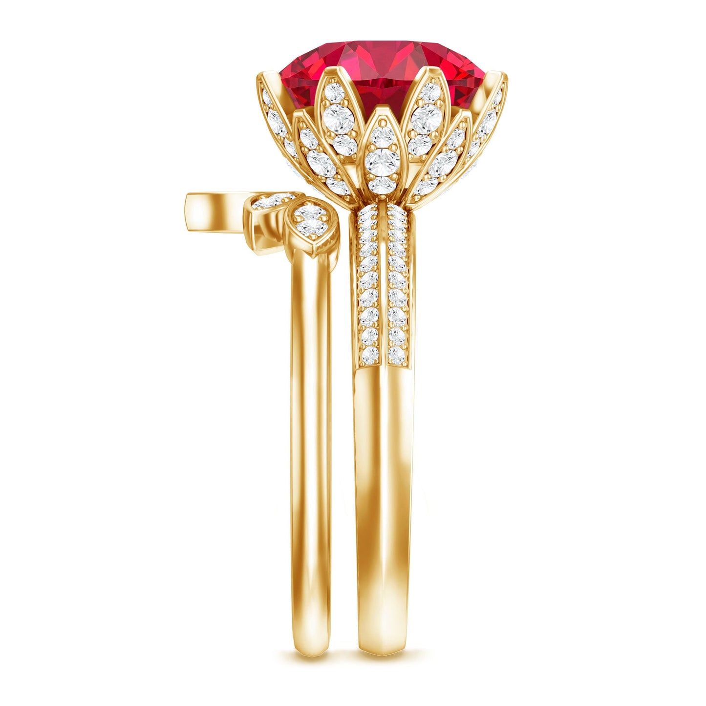 Lab Grown Ruby Flower Bridal Engagement Ring Set with Moissanite