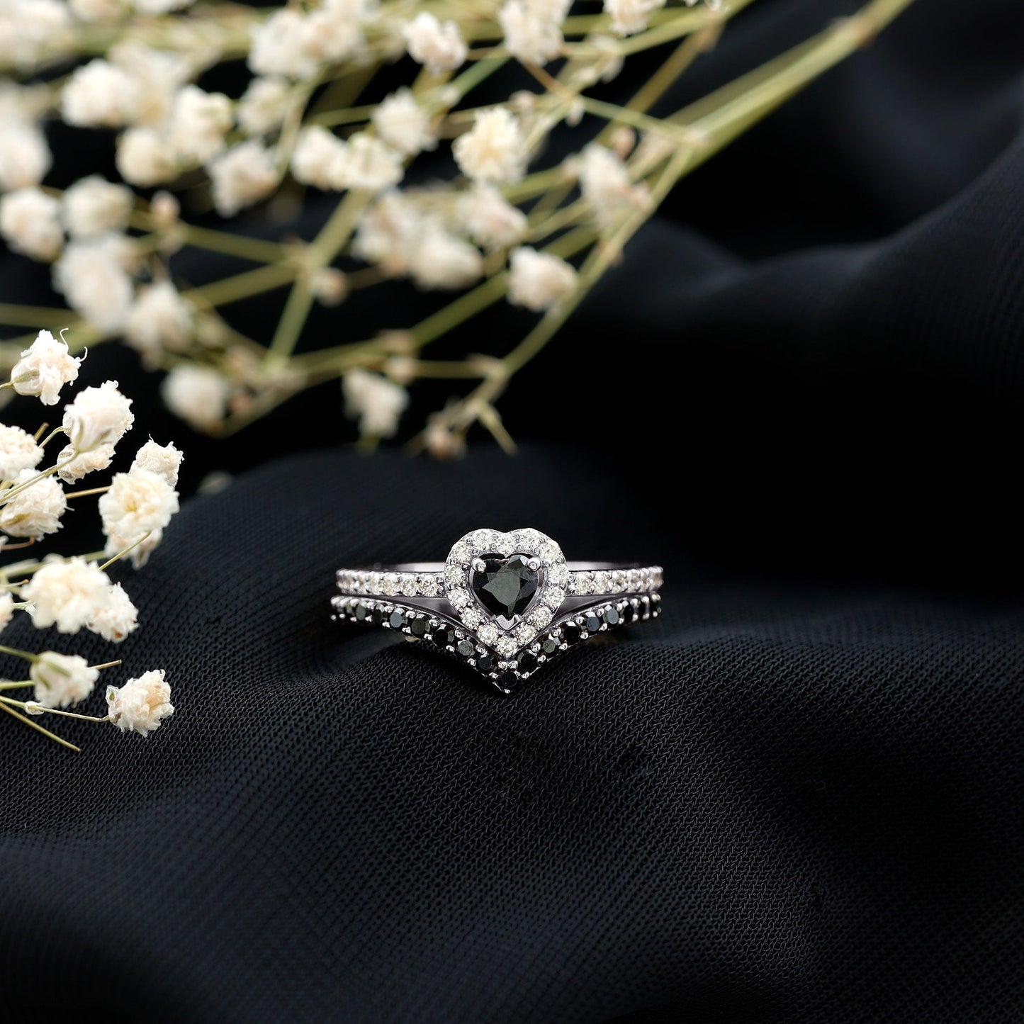 Black Onyx and Diamond Heart Engagement Ring With Ring Guard