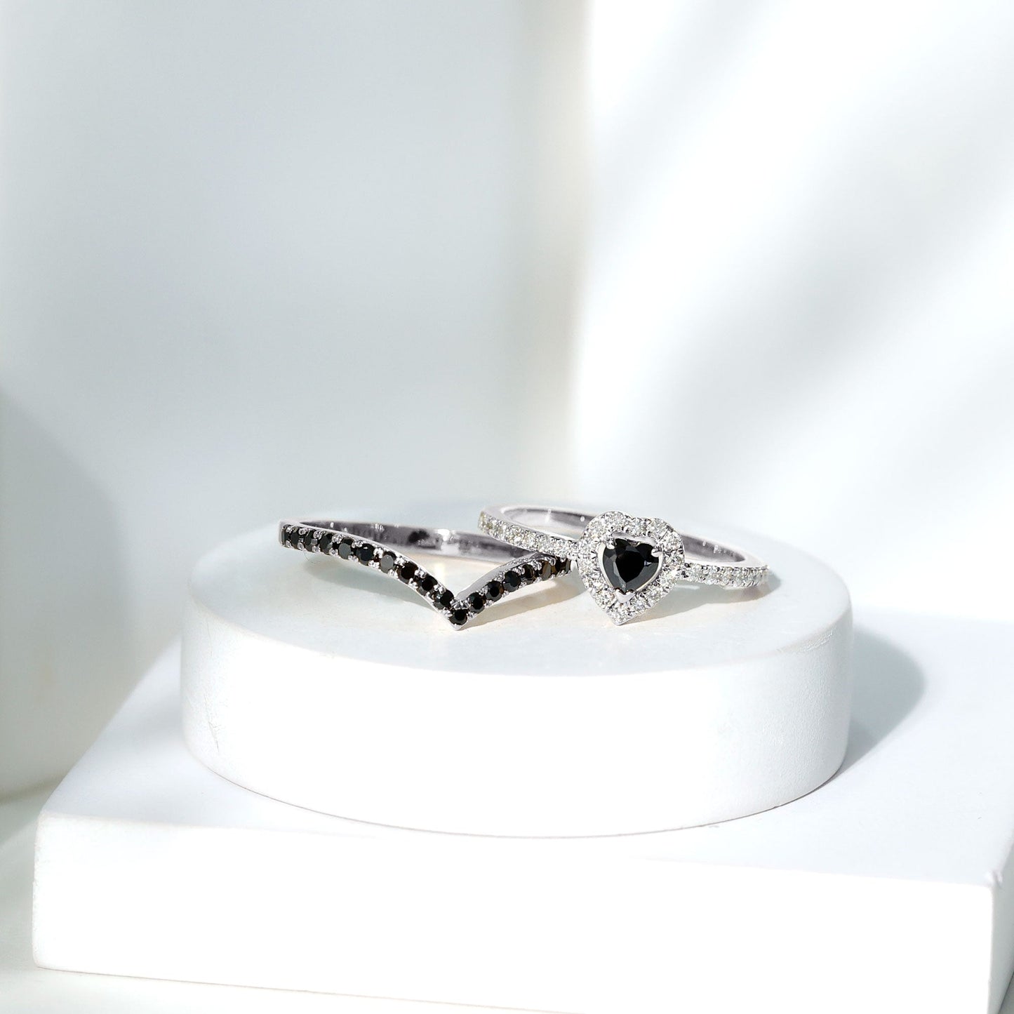 Black Onyx and Diamond Heart Engagement Ring With Ring Guard