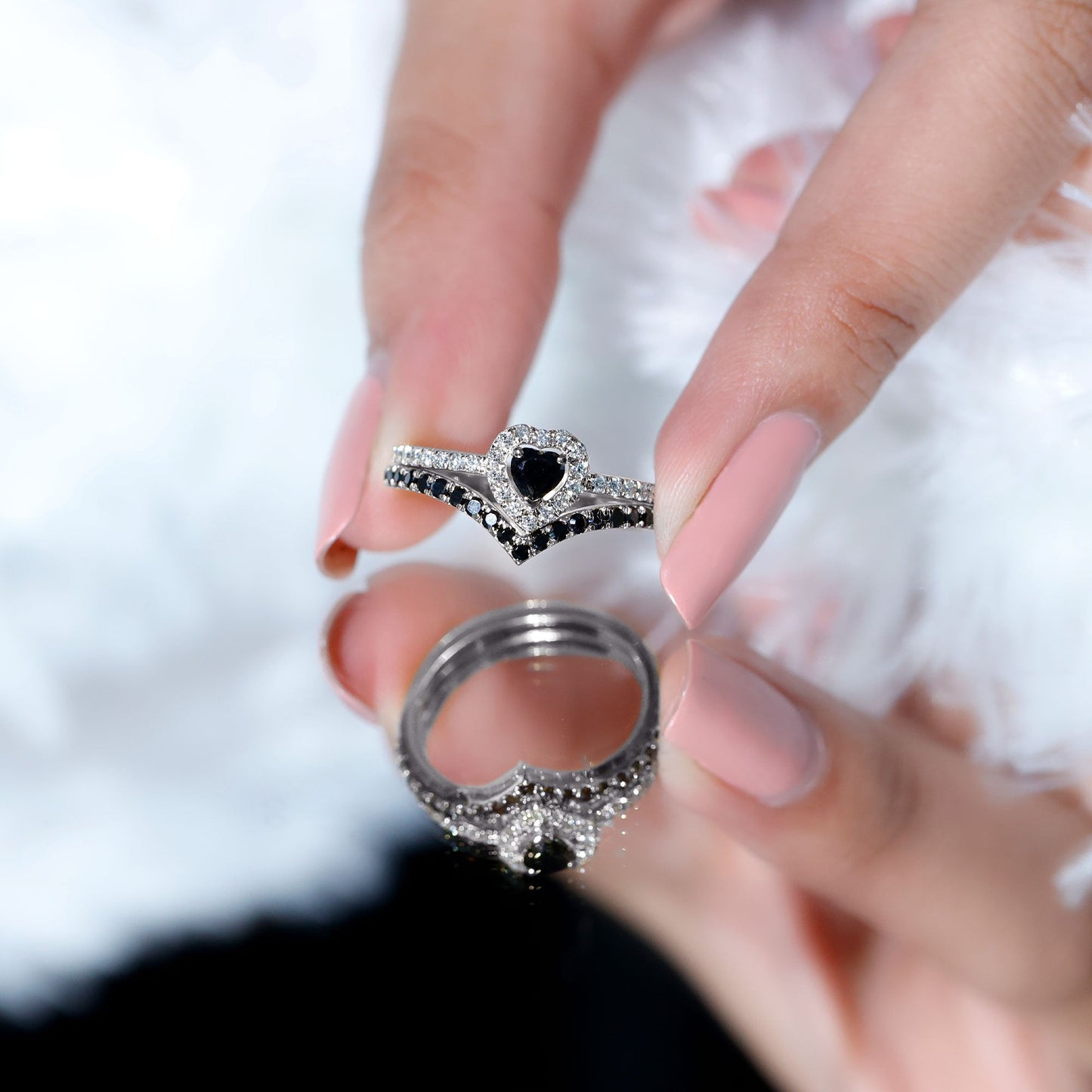 Black Onyx and Diamond Heart Engagement Ring With Ring Guard