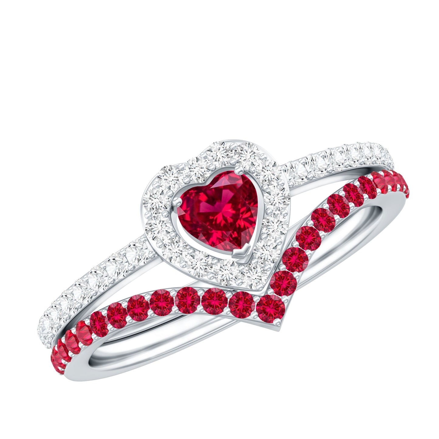 Lab Created Ruby and Diamond Heart Wedding Ring Set