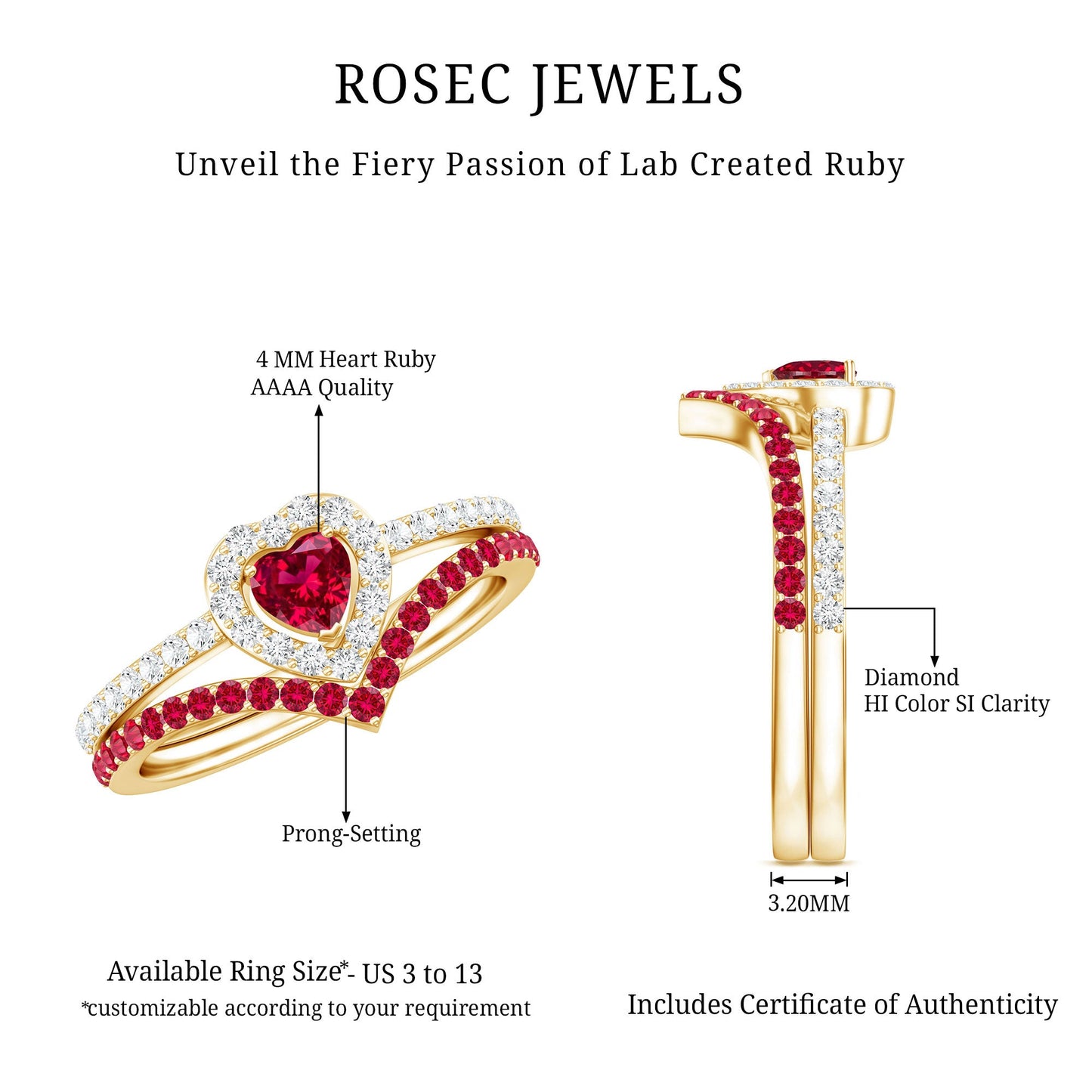 Lab Created Ruby and Diamond Heart Wedding Ring Set